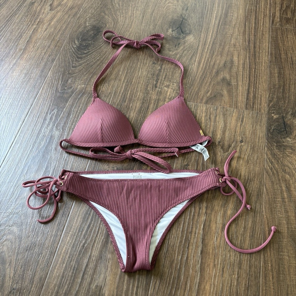 PINK Victoria's Secret Mauve Ribbed Lined Adjustable Bikini Set Size S
